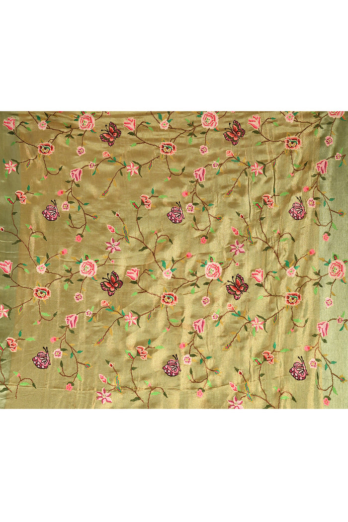 Olive Green With Butterfly And Floral Motif Border Designer Saree