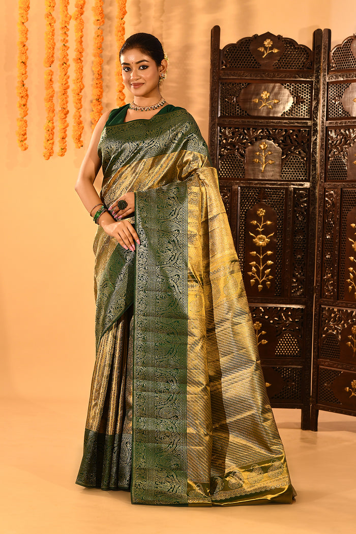 Olive Green With Gold Zari Weave And Paisley Border Kanjivaram Silk Saree
