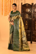 Olive Green With Gold Zari Weave And Paisley Border Kanjivaram Silk Saree