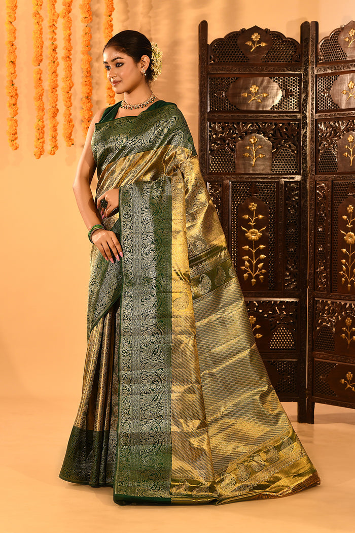 Olive Green With Gold Zari Weave And Paisley Border Kanjivaram Silk Saree