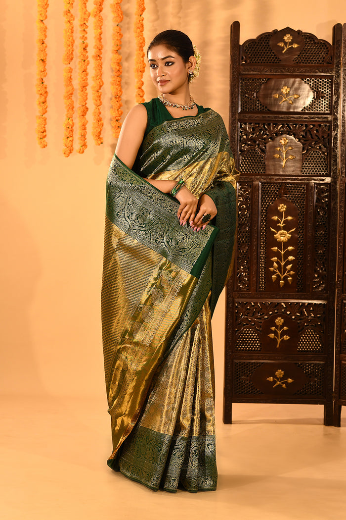 Olive Green With Gold Zari Weave And Paisley Border Kanjivaram Silk Saree