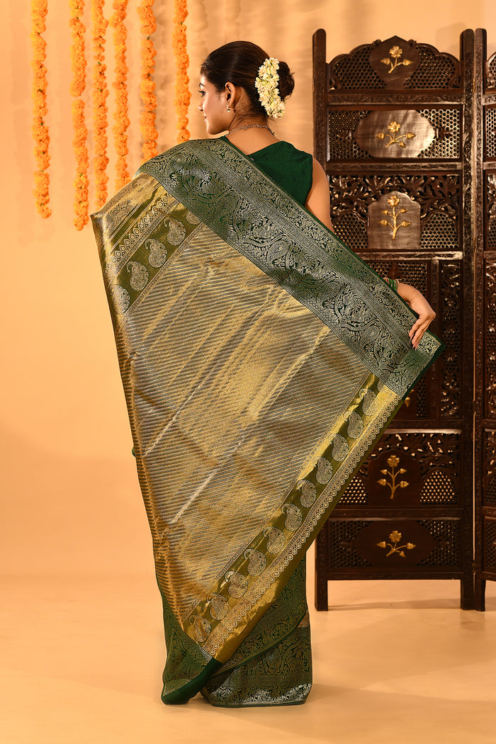 Olive Green With Gold Zari Weave And Paisley Border Kanjivaram Silk Saree