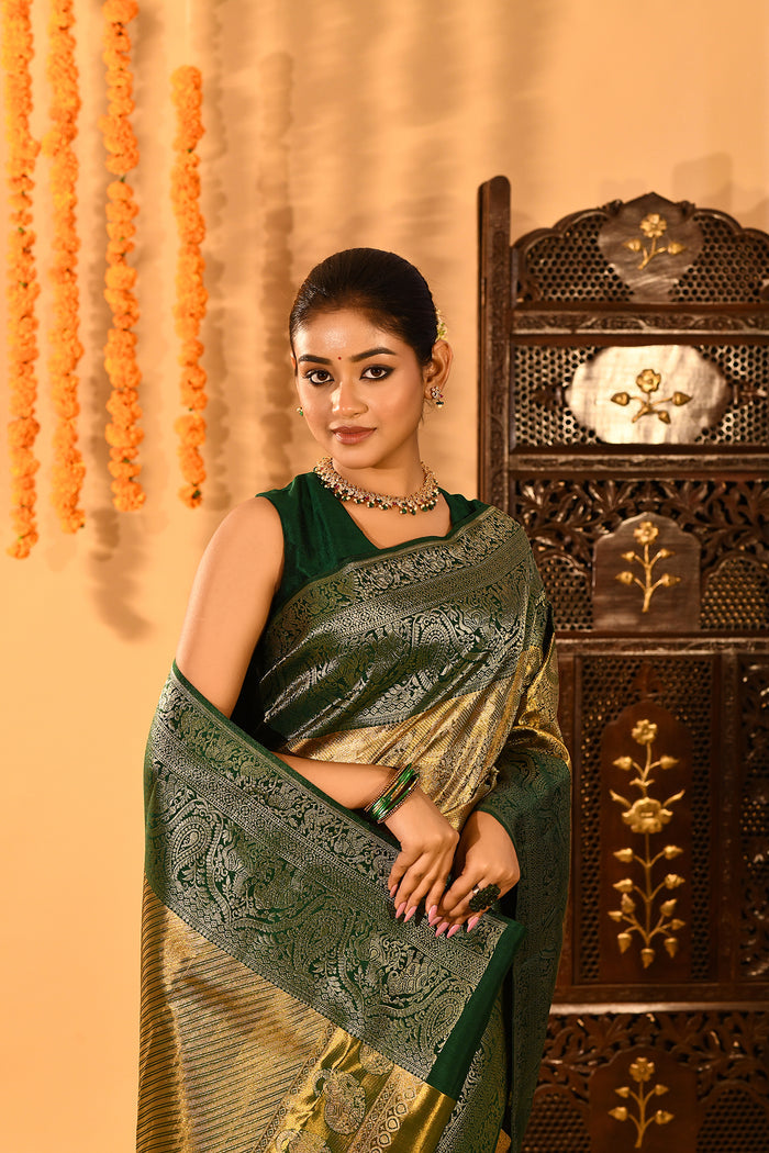 Olive Green With Gold Zari Weave And Paisley Border Kanjivaram Silk Saree