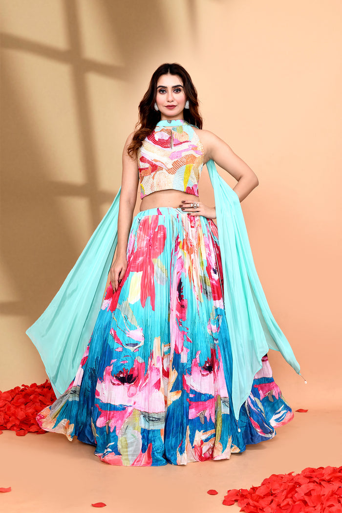Ombre Blue Satin Crepe Floral Lehenga Set