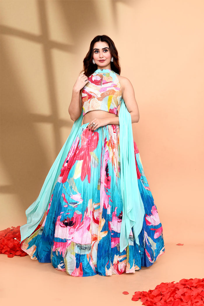Ombre Blue Satin Crepe Floral Lehenga Set