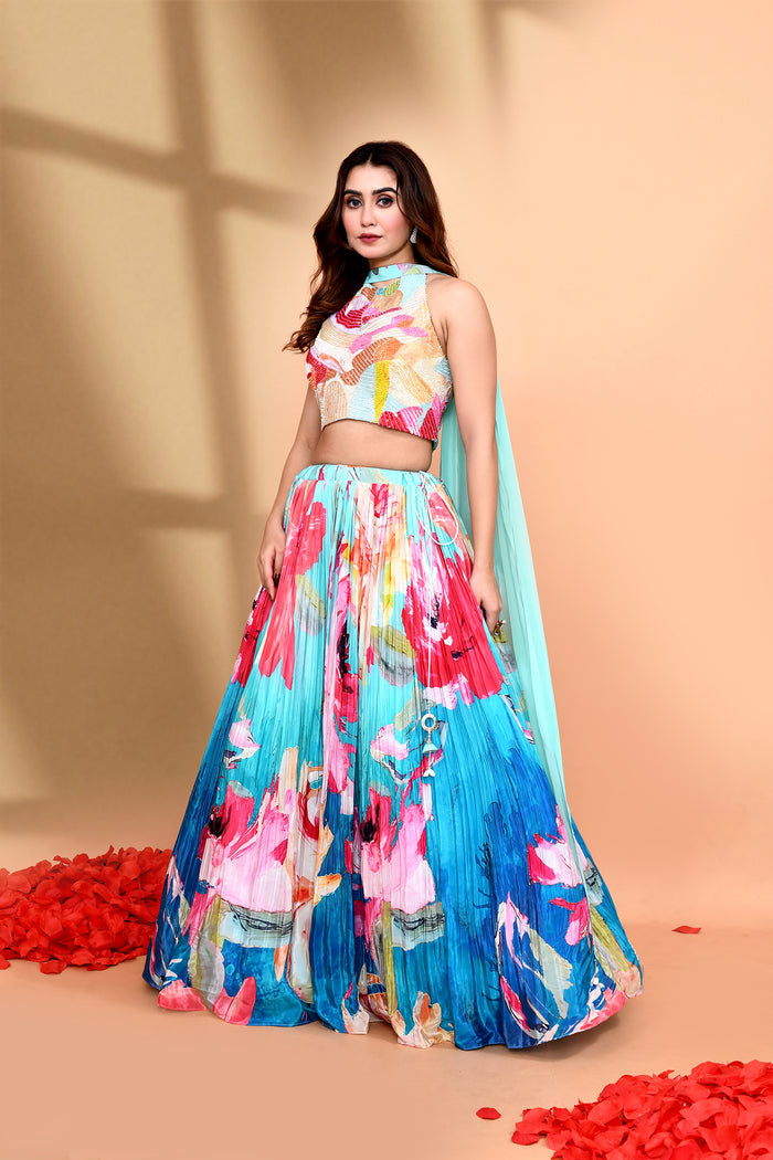 Ombre Blue Satin Crepe Floral Lehenga Set