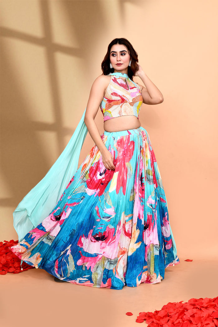 Ombre Blue Satin Crepe Floral Lehenga Set