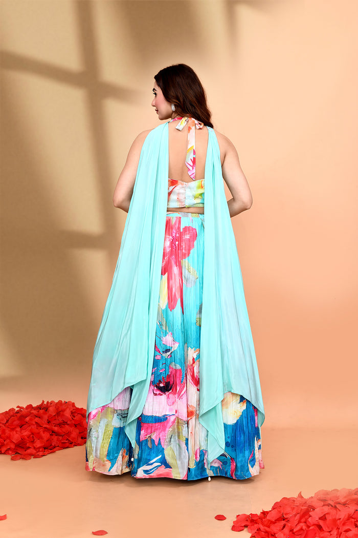 Ombre Blue Satin Crepe Floral Lehenga Set
