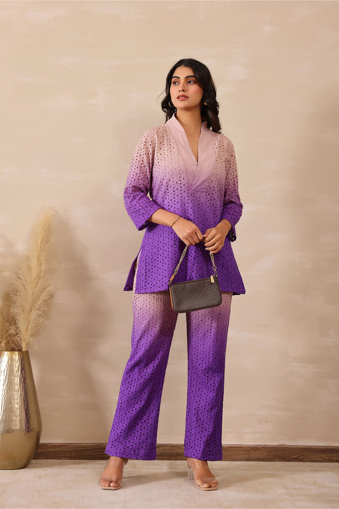 <img> Ombre Eminence Purple Cotton Cut Work Co-Ord Set