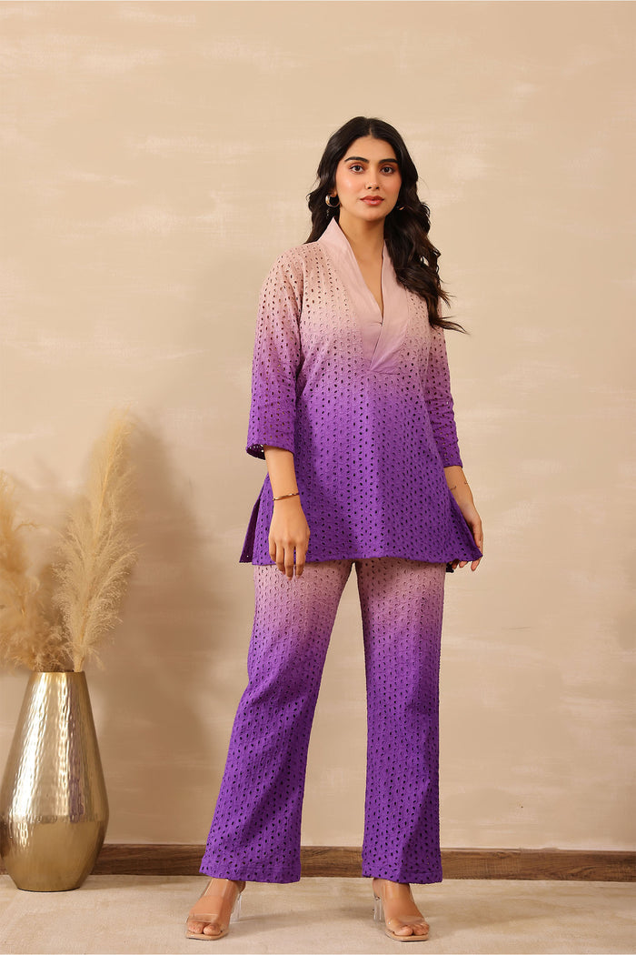 <img> Ombre Eminence Purple Cotton Cut Work Co-Ord Set