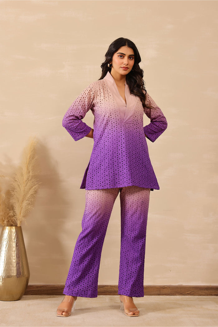 <img> Ombre Eminence Purple Cotton Cut Work Co-Ord Set