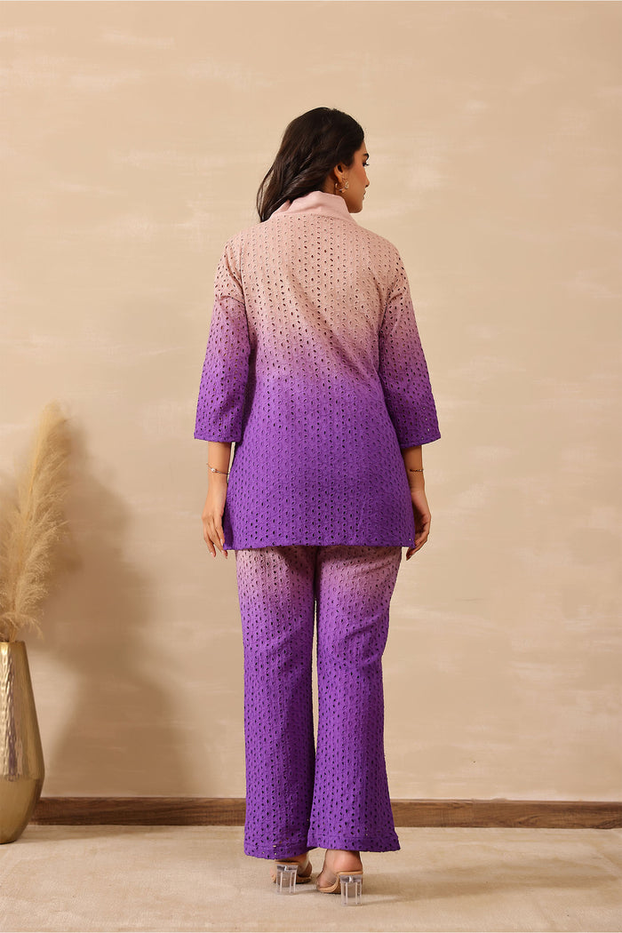 <img> Ombre Eminence Purple Cotton Cut Work Co-Ord Set