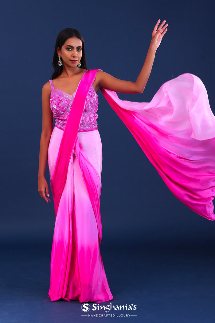 Ombre Pink Crepe Silk Embroidered Drape Saree