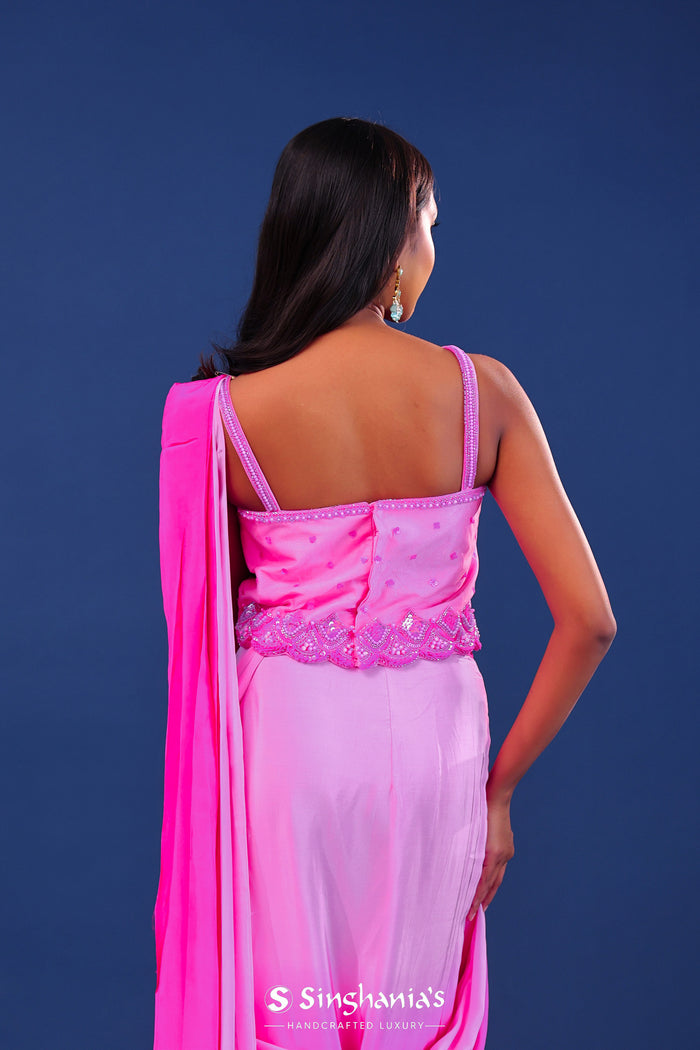 Ombre Pink Crepe Silk Embroidered Drape Saree