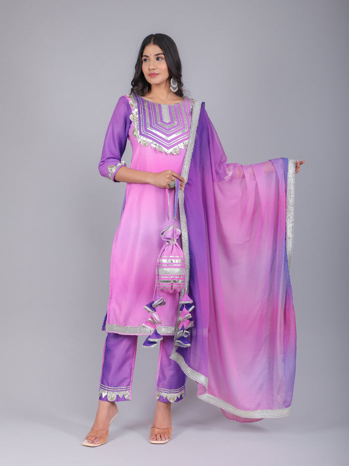 Ombre Pink & Purple Silk Blend Straight Kurti Set