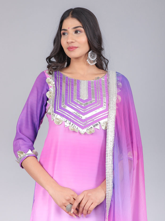 Ombre Pink & Purple Silk Blend Straight Kurti Set