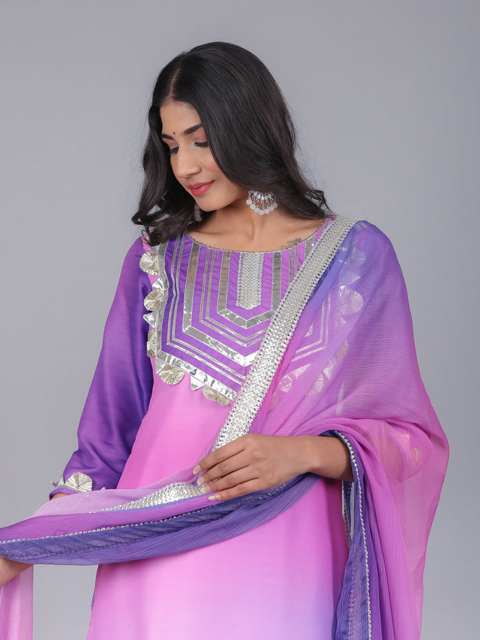 Ombre Pink & Purple Silk Blend Straight Kurti Set