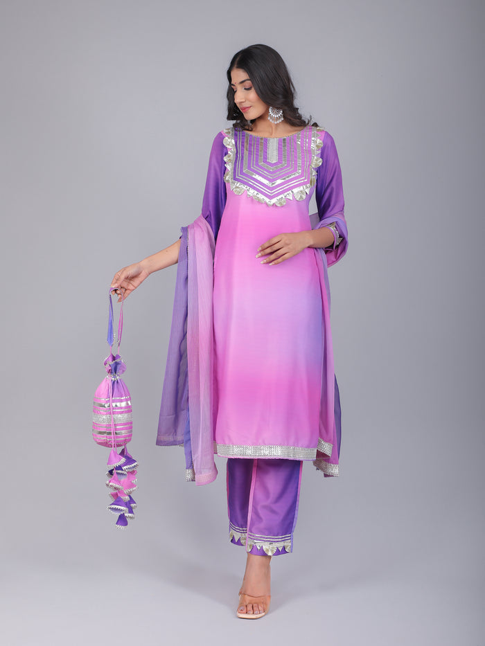 Ombre Pink & Purple Silk Blend Straight Kurti Set