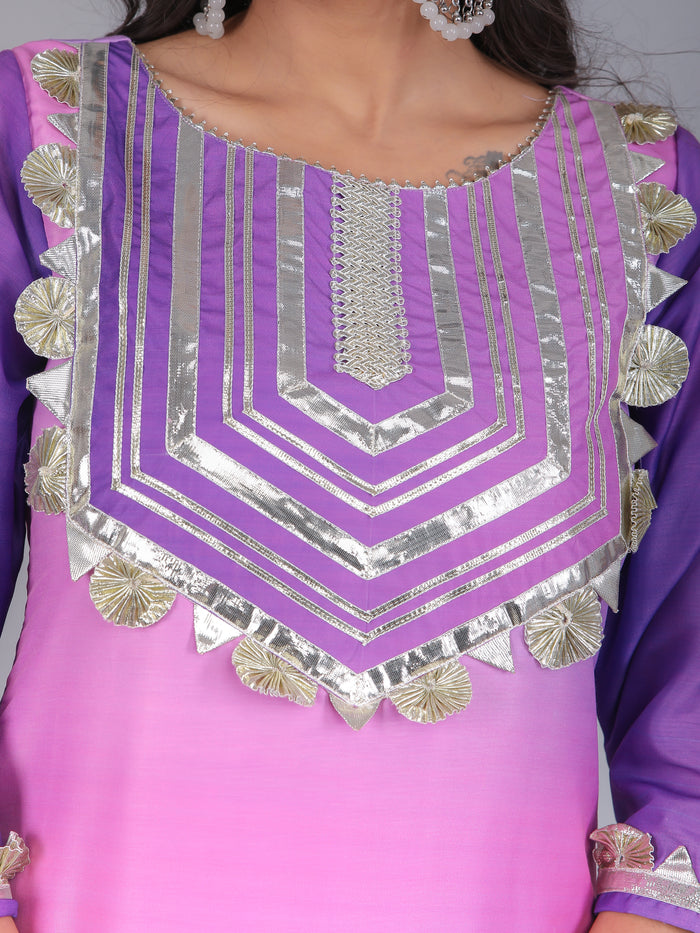 Ombre Pink & Purple Silk Blend Straight Kurti Set