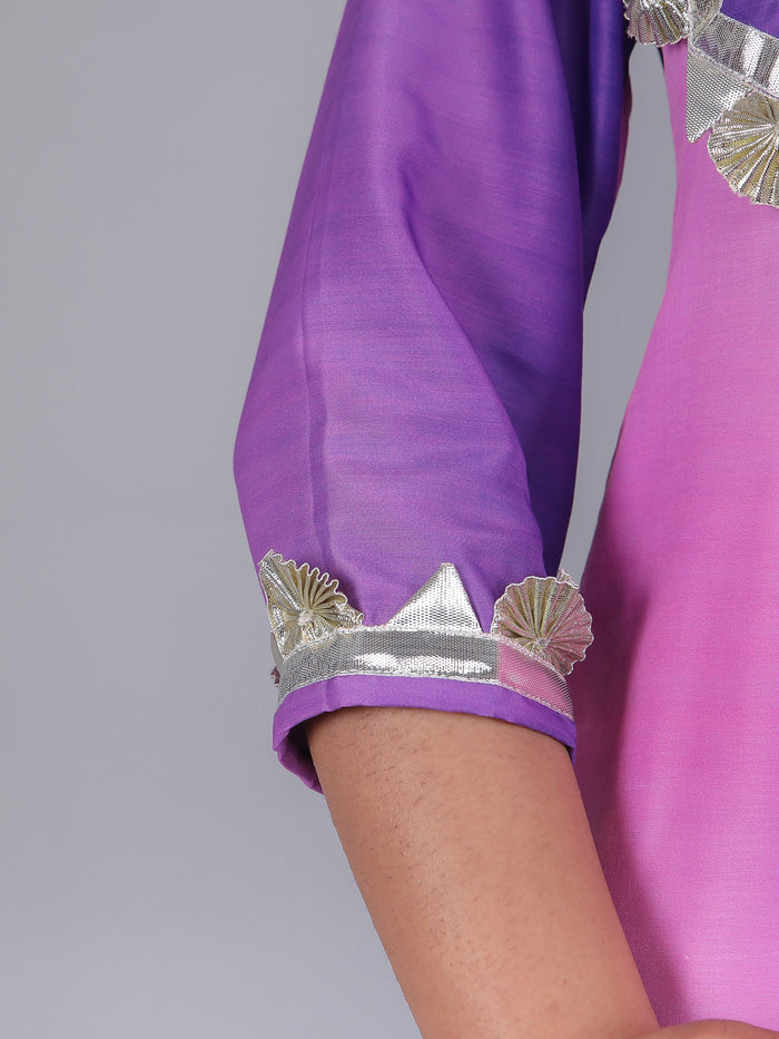 Ombre Pink & Purple Silk Blend Straight Kurti Set