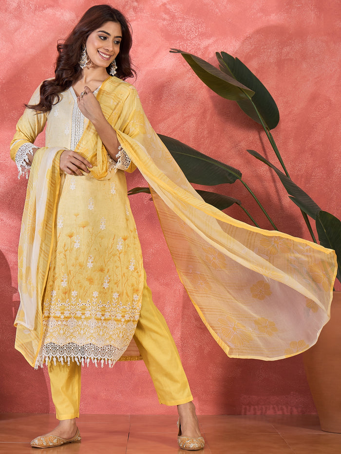 Ombre Yellow Embroidered Cotton Kurta Set