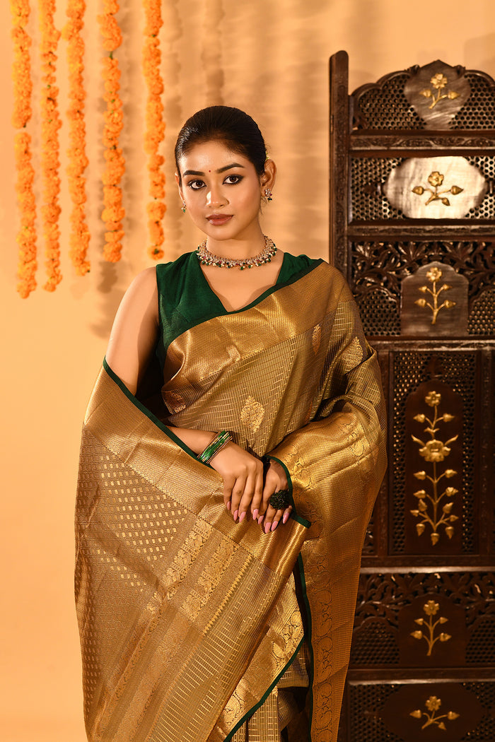 Opulent Gold With Woven Zari Pallu And Forest Green Accents Kanjivaram Silk Saree