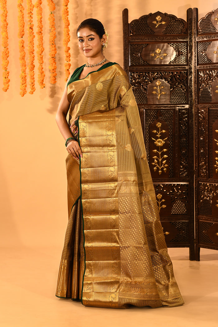 Opulent Gold With Woven Zari Pallu And Forest Green Accents Kanjivaram Silk Saree