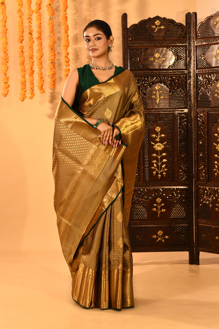 Opulent Gold With Woven Zari Pallu And Forest Green Accents Kanjivaram Silk Saree