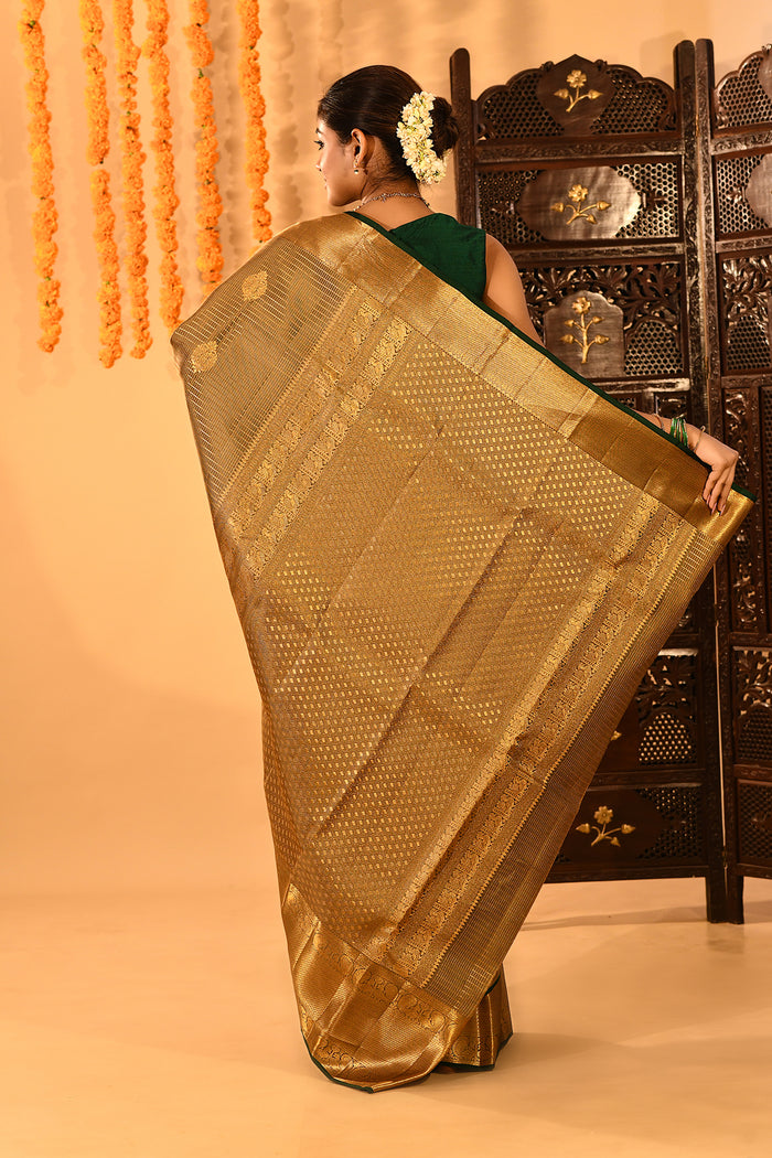 Opulent Gold With Woven Zari Pallu And Forest Green Accents Kanjivaram Silk Saree