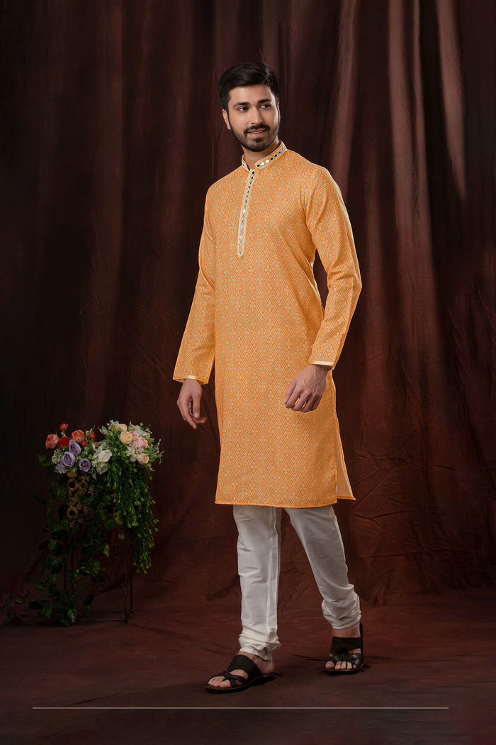 Orange Art Silk Kurta Set With Embroidery Work