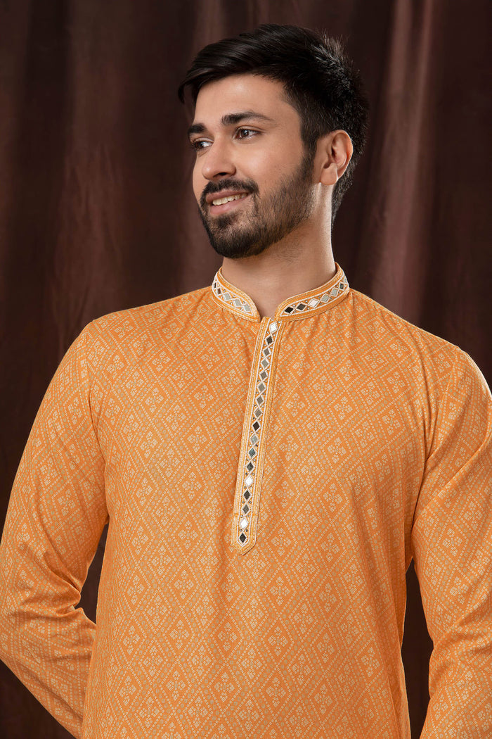 Orange Art Silk Kurta Set With Embroidery Work