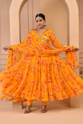 <img> Orange Chiffon Anarkali Set With Printed Floral Design