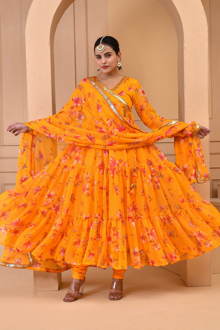 <img> Orange Chiffon Anarkali Set With Printed Floral Design