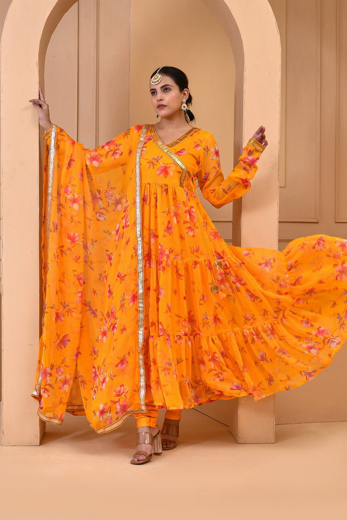 <img> Orange Chiffon Anarkali Set With Printed Floral Design