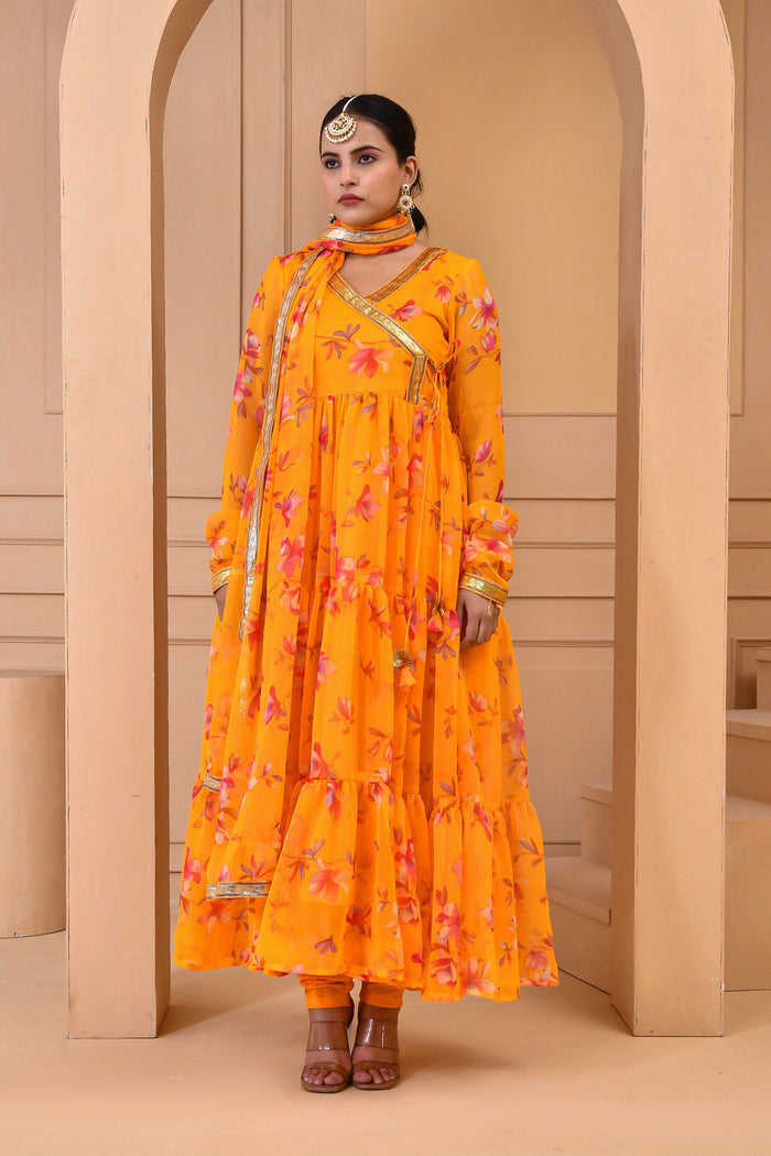 <img> Orange Chiffon Anarkali Set With Printed Floral Design