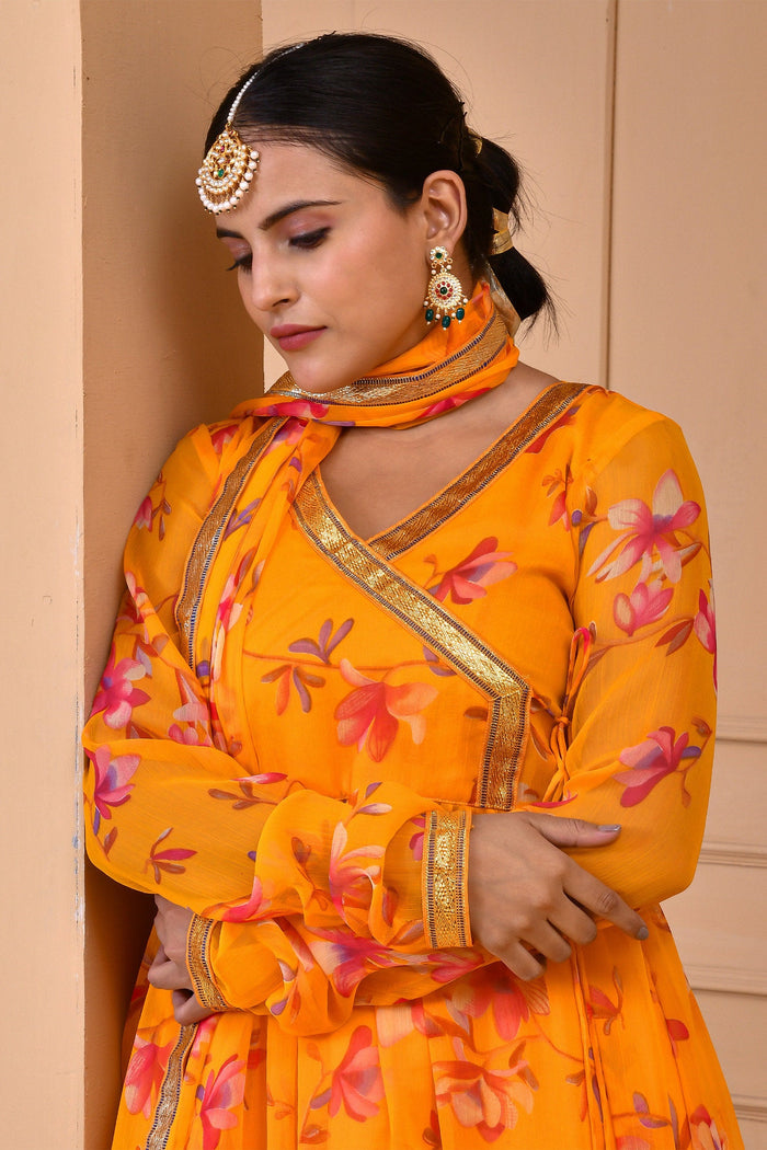 <img> Orange Chiffon Anarkali Set With Printed Floral Design