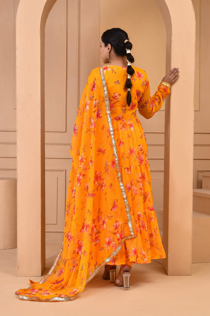<img> Orange Chiffon Anarkali Set With Printed Floral Design