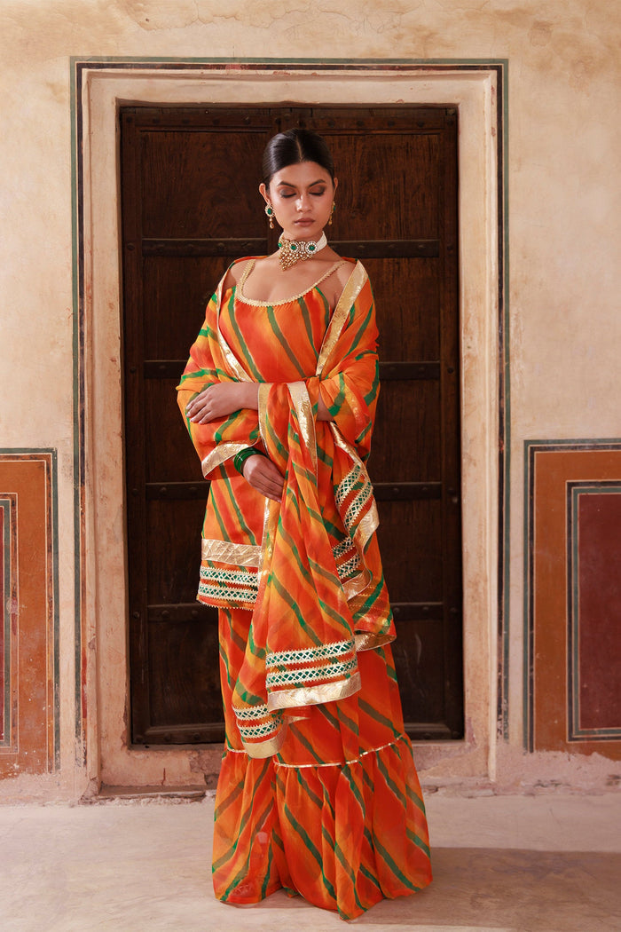 Orange Chiffon Kurta Set With Lace