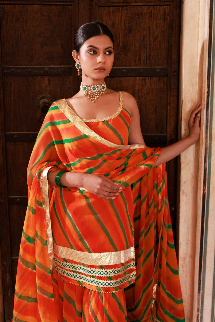 Orange Chiffon Kurta Set With Lace