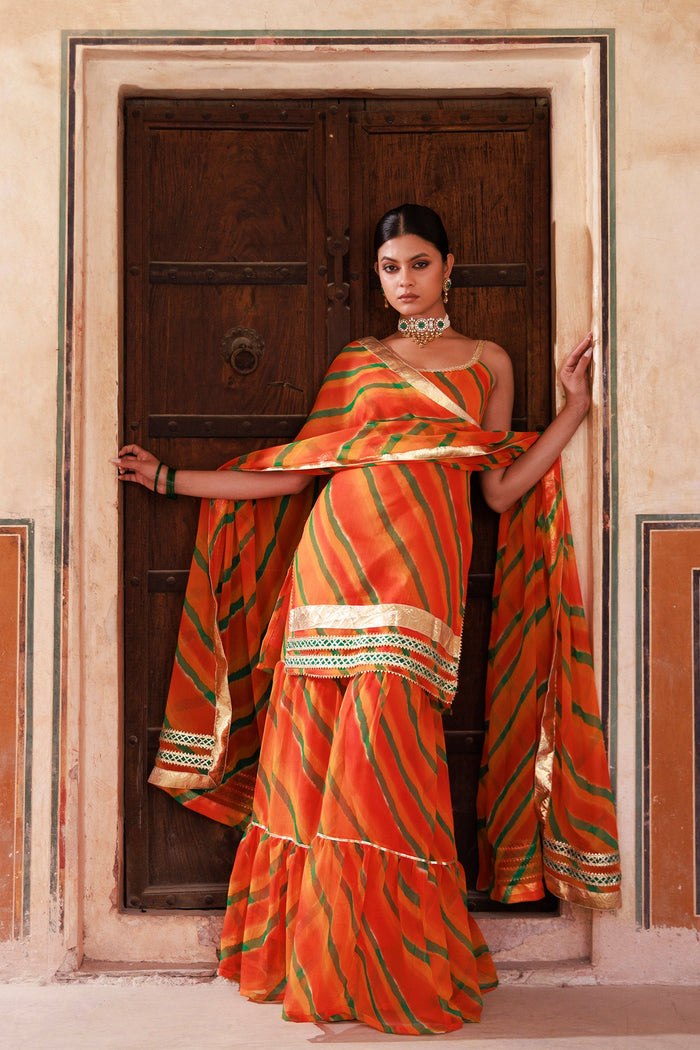 Orange Chiffon Kurta Set With Lace