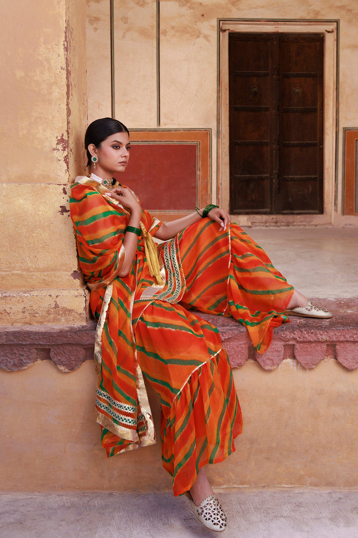 Orange Chiffon Kurta Set With Lace