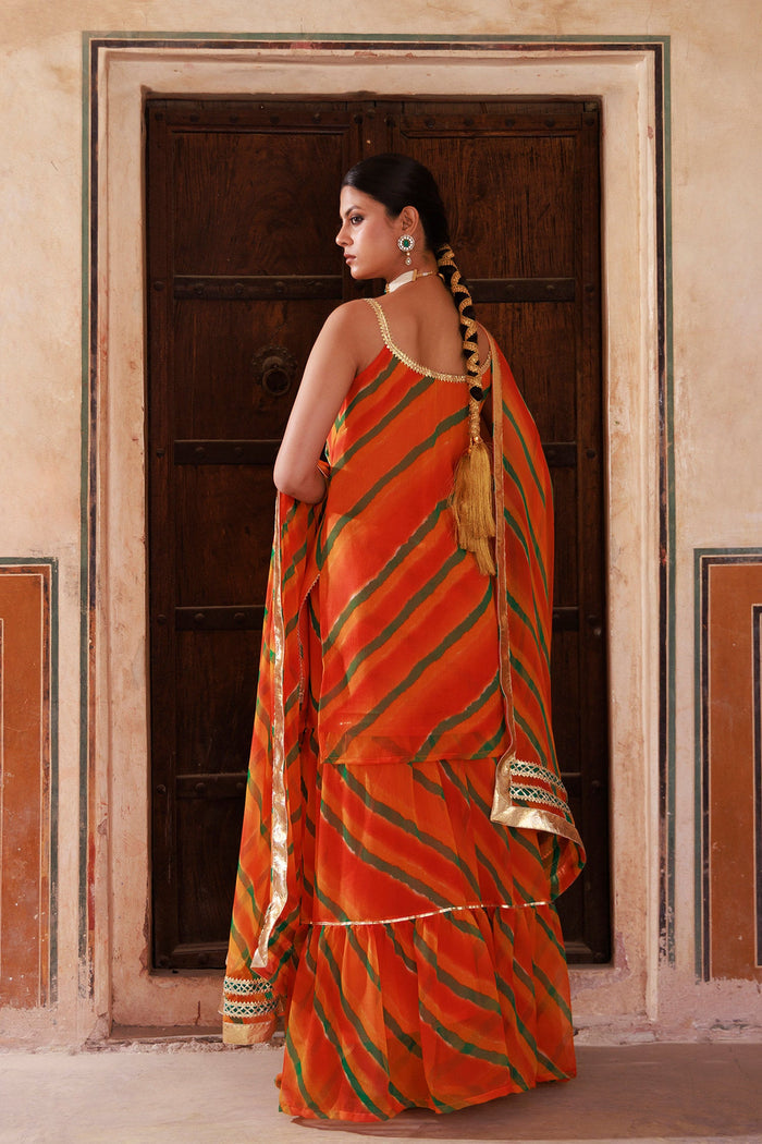 Orange Chiffon Kurta Set With Lace