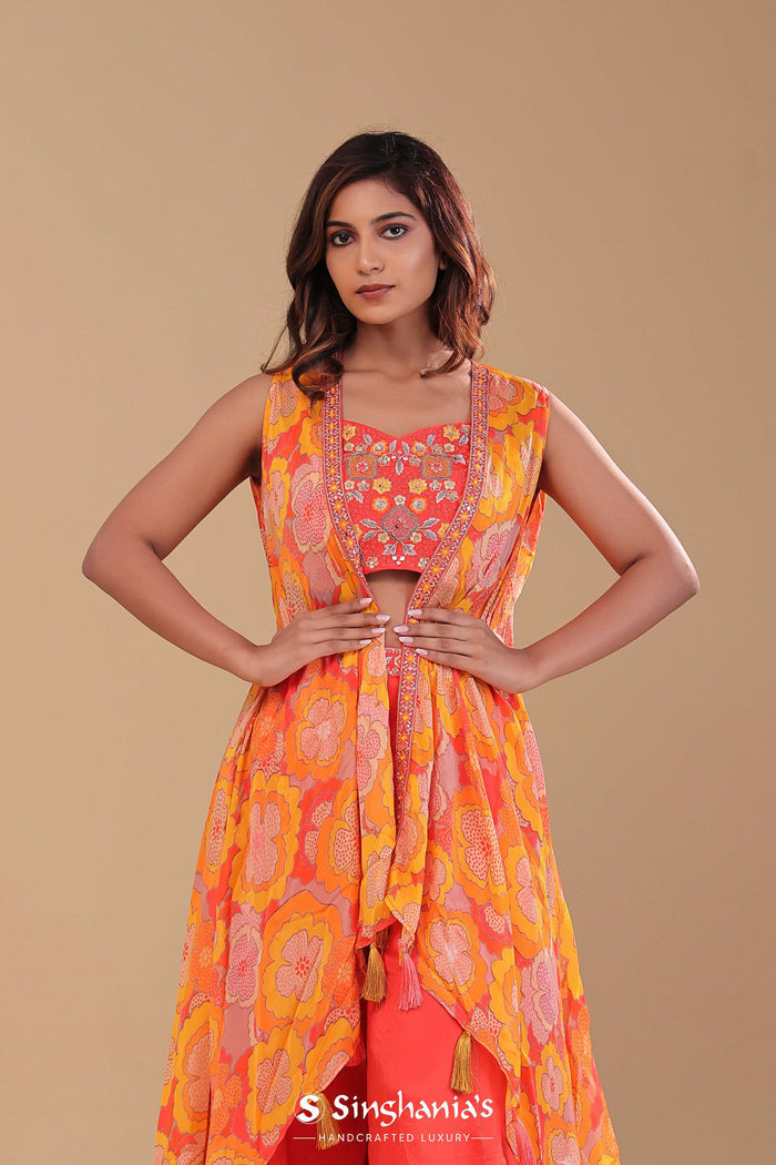 Orange Chinon Crepe Indo-Western Set