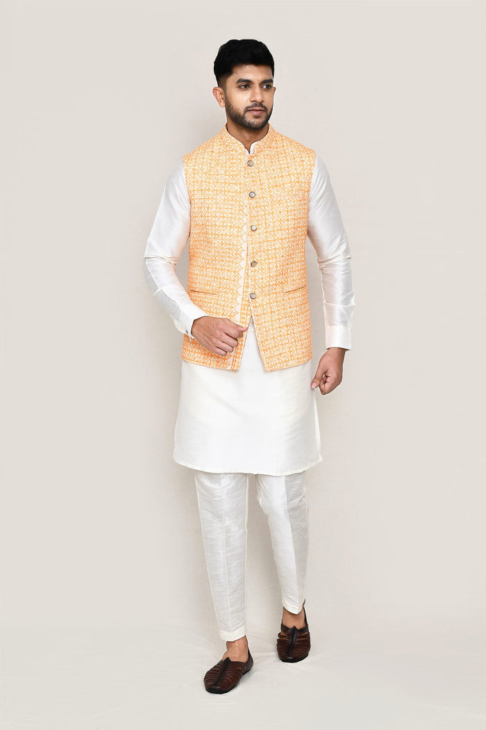 Orange Cotton Jacket With Threadwork