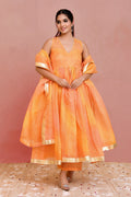 <img> Orange Cotton Silk Anarkali Set With Stripes
