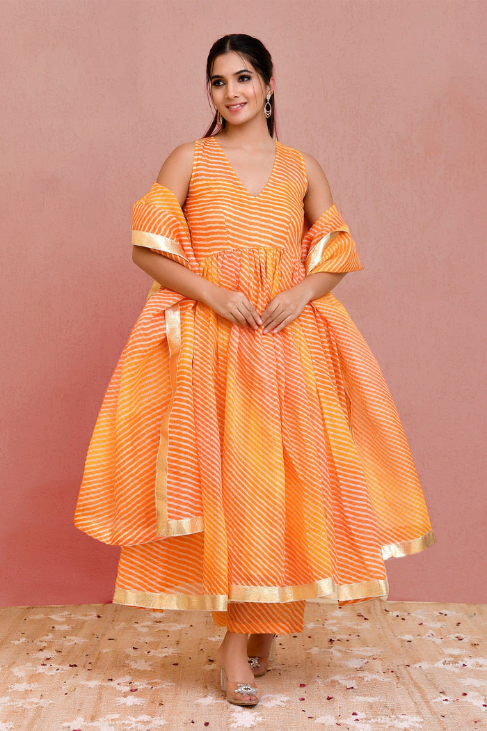 <img> Orange Cotton Silk Anarkali Set With Stripes