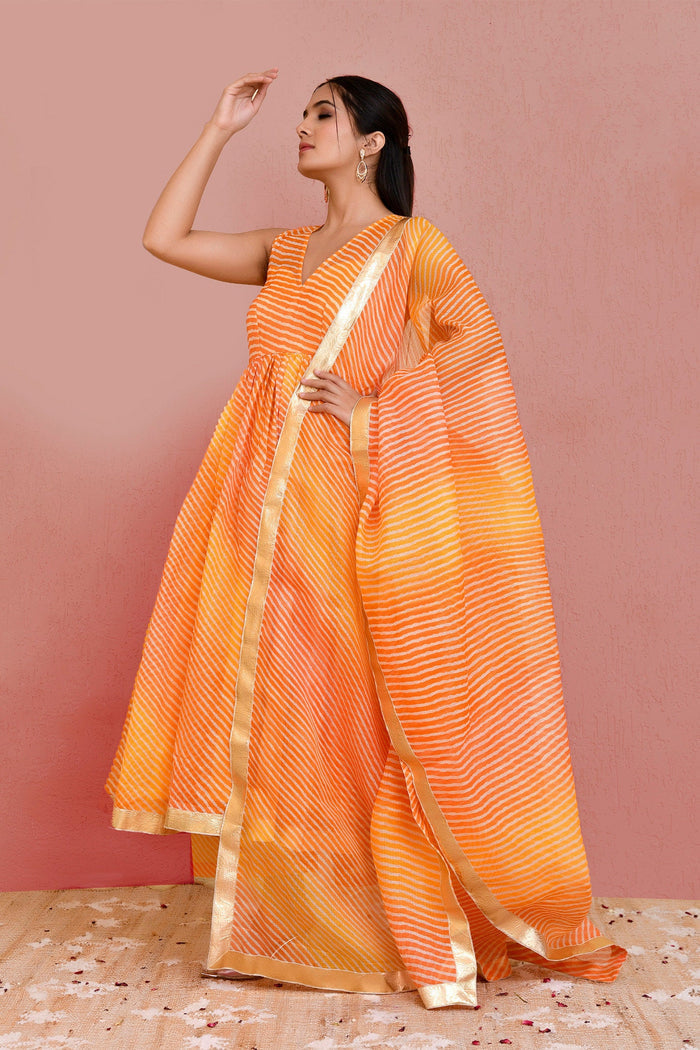 <img> Orange Cotton Silk Anarkali Set With Stripes