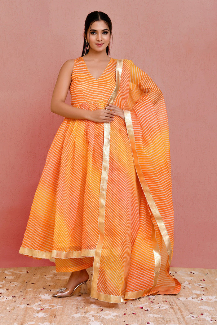 <img> Orange Cotton Silk Anarkali Set With Stripes