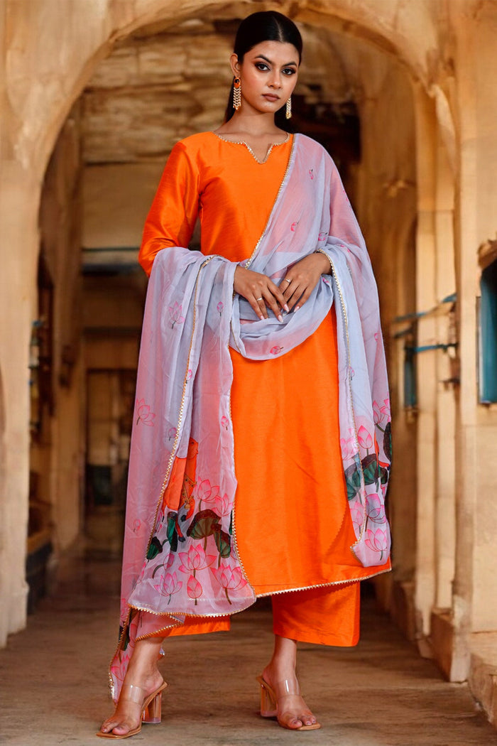 Orange Dupion Silk Kurta Set