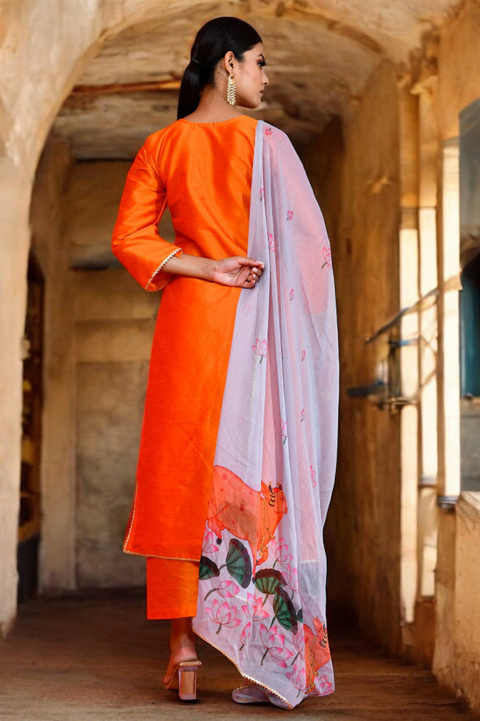 Orange Dupion Silk Kurta Set